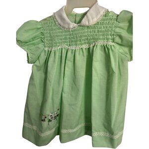 Vintage Green Smocked Baby Dress With White Peter Pan Collar & Adorable Embroide